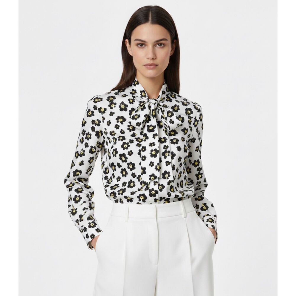 Hawes & Curtis Women's Black & White Flower Print Satin Bow Blouse Sz 18